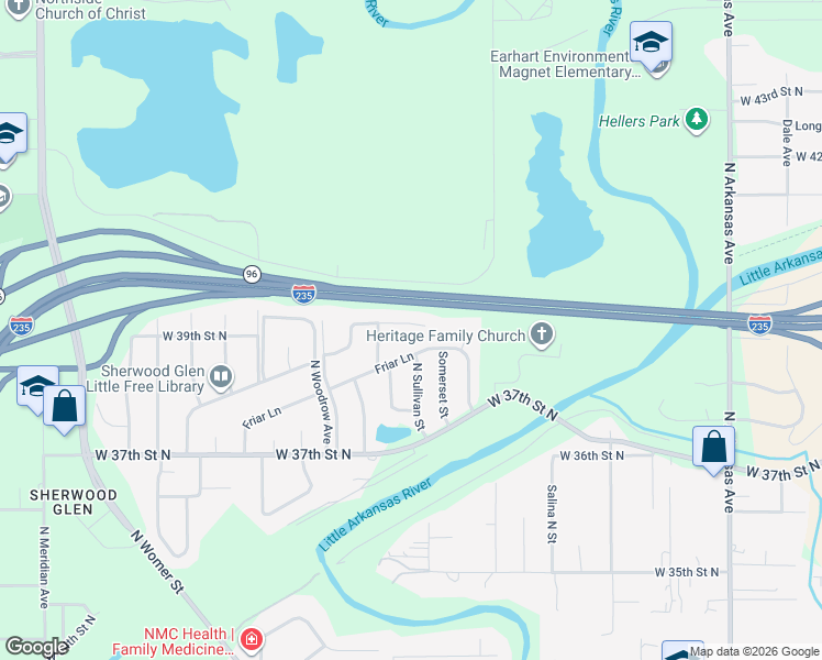 map of restaurants, bars, coffee shops, grocery stores, and more near 1412 West Nottingham Circle in Wichita