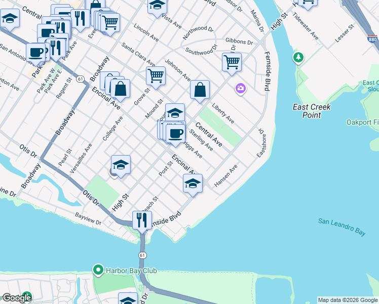 map of restaurants, bars, coffee shops, grocery stores, and more near 3228 Briggs Avenue in Alameda