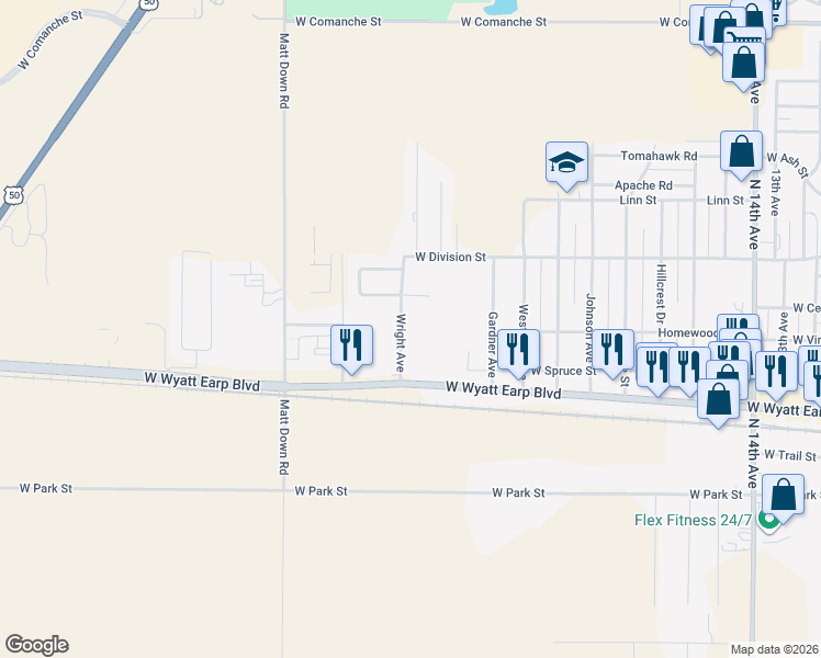 map of restaurants, bars, coffee shops, grocery stores, and more near 701-799 Wright Ave in Dodge City