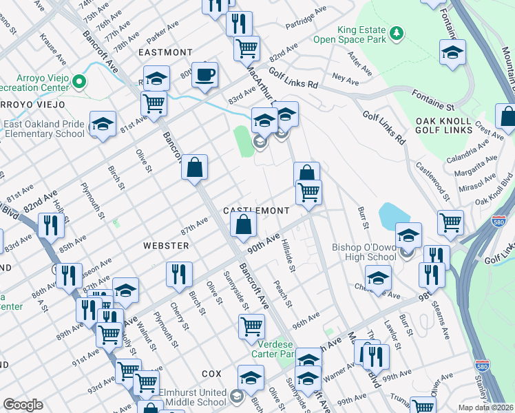 map of restaurants, bars, coffee shops, grocery stores, and more near 2355 88th Avenue in Oakland