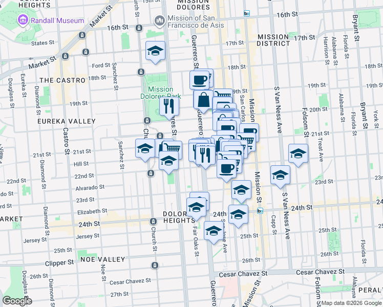 map of restaurants, bars, coffee shops, grocery stores, and more near 3433 21st Street in San Francisco