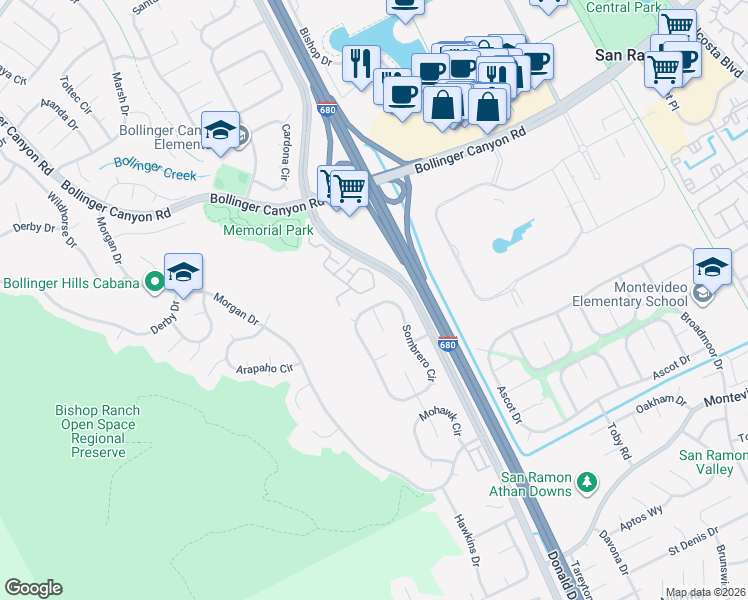 map of restaurants, bars, coffee shops, grocery stores, and more near 2876 Sombrero Circle in San Ramon