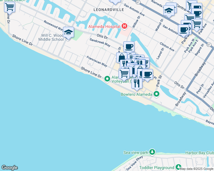 map of restaurants, bars, coffee shops, grocery stores, and more near 1000 Willow Street in Alameda