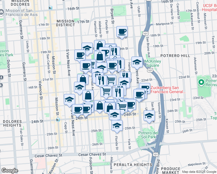 map of restaurants, bars, coffee shops, grocery stores, and more near in San Francisco