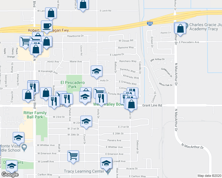 map of restaurants, bars, coffee shops, grocery stores, and more near 2633 Balboa Drive in Tracy