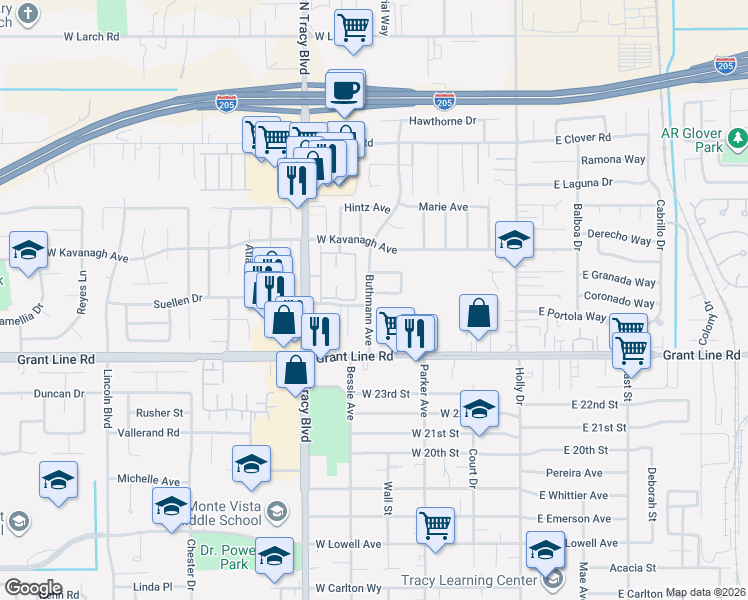 map of restaurants, bars, coffee shops, grocery stores, and more near 2701 Buthmann Avenue in Tracy