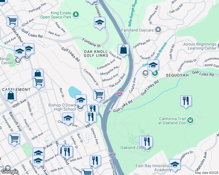 map of restaurants, bars, coffee shops, grocery stores, and more near 3441 Oak Knoll Boulevard in Oakland