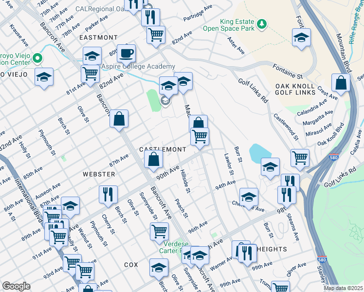 map of restaurants, bars, coffee shops, grocery stores, and more near 2416 88th Avenue in Oakland