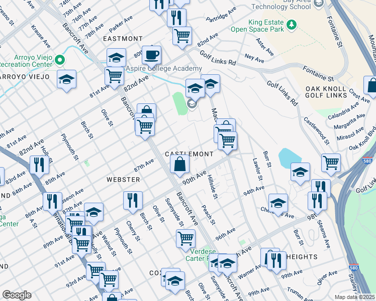 map of restaurants, bars, coffee shops, grocery stores, and more near 2355 88th Avenue in Oakland