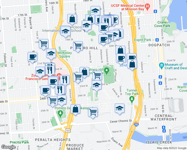 map of restaurants, bars, coffee shops, grocery stores, and more near 956 Carolina Street in San Francisco