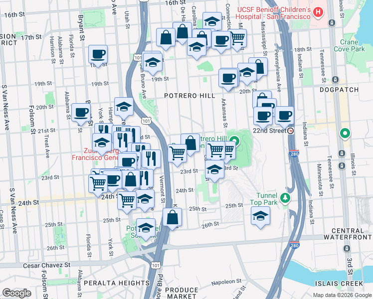 map of restaurants, bars, coffee shops, grocery stores, and more near 1013 Rhode Island Street in San Francisco