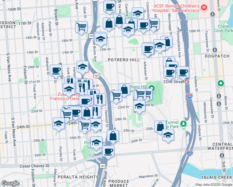 map of restaurants, bars, coffee shops, grocery stores, and more near 1013 Rhode Island Street in San Francisco