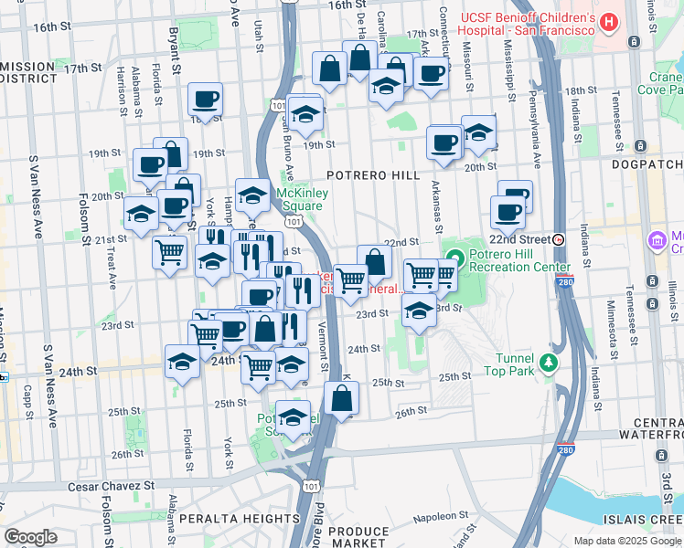 map of restaurants, bars, coffee shops, grocery stores, and more near 1041 Kansas Street in San Francisco