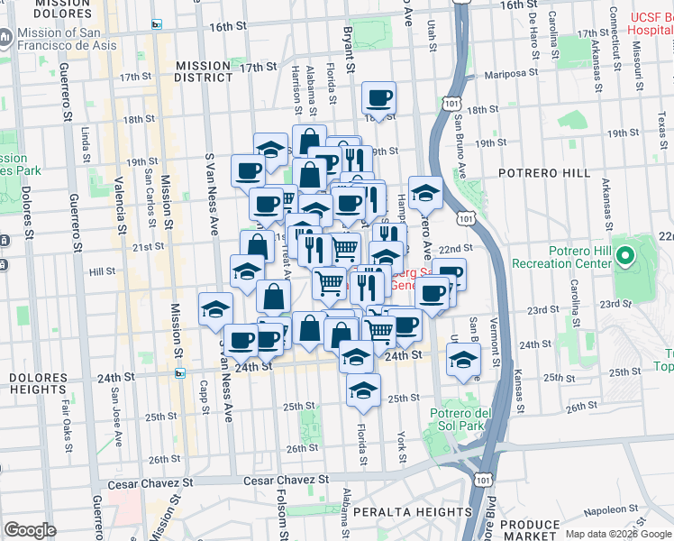map of restaurants, bars, coffee shops, grocery stores, and more near in San Francisco