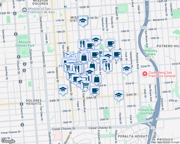 map of restaurants, bars, coffee shops, grocery stores, and more near 2546 Folsom Street in San Francisco