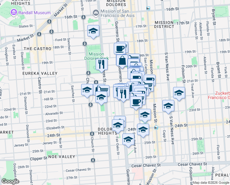 map of restaurants, bars, coffee shops, grocery stores, and more near 3433 21st Street in San Francisco