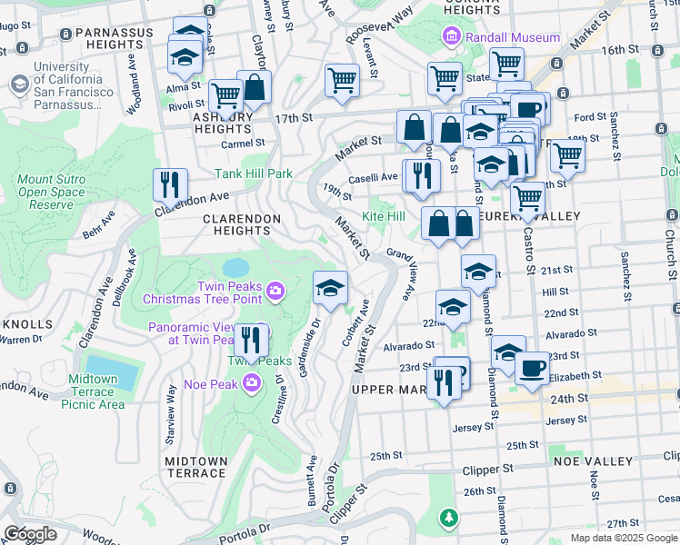 map of restaurants, bars, coffee shops, grocery stores, and more near 642 Corbett Avenue in San Francisco