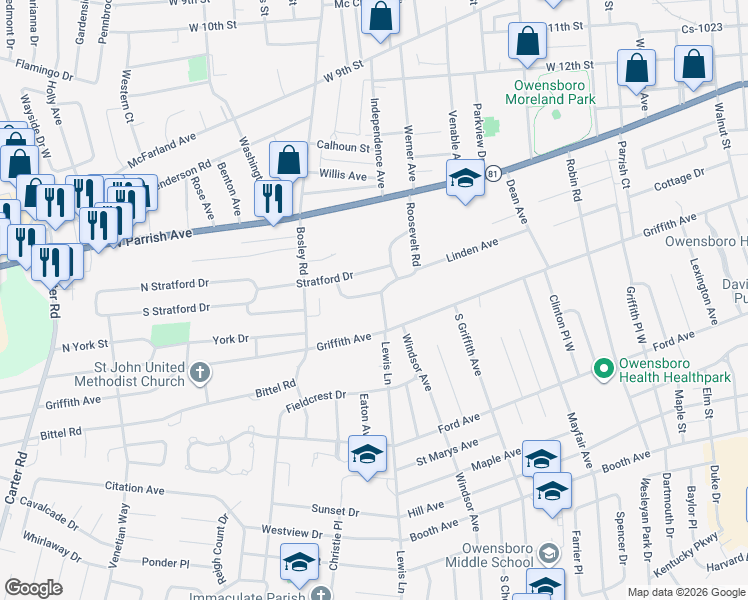 map of restaurants, bars, coffee shops, grocery stores, and more near 1801 Bonnie Castle Dr in Owensboro