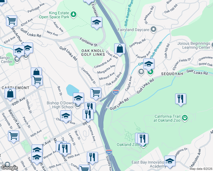 map of restaurants, bars, coffee shops, grocery stores, and more near 3441 Oak Knoll Boulevard in Oakland