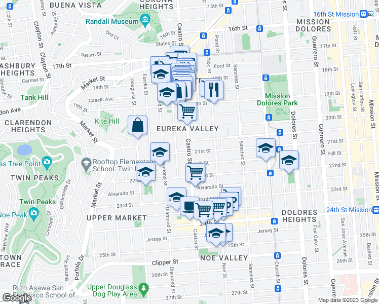 map of restaurants, bars, coffee shops, grocery stores, and more near Castro Street & 21st Street in San Francisco