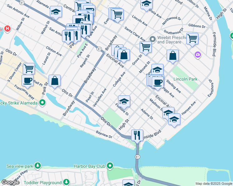 map of restaurants, bars, coffee shops, grocery stores, and more near 2839 Washington Street in Alameda