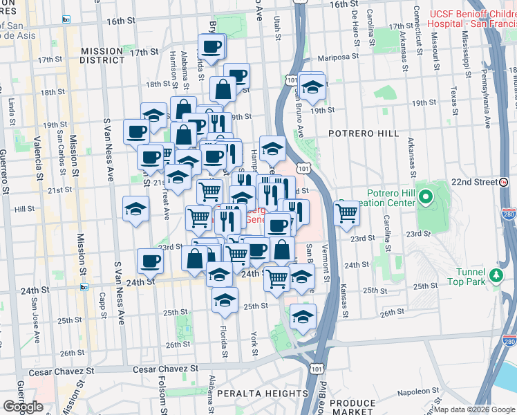 map of restaurants, bars, coffee shops, grocery stores, and more near 22nd St & Hampshire St in San Francisco