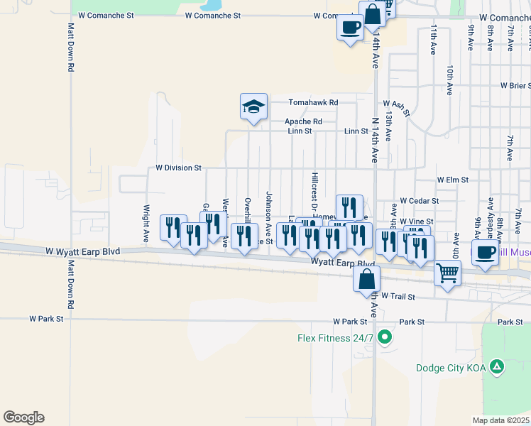 map of restaurants, bars, coffee shops, grocery stores, and more near 801 Johnson Avenue in Dodge City