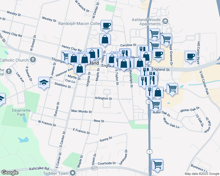 map of restaurants, bars, coffee shops, grocery stores, and more near 130 Arlington Square in Ashland