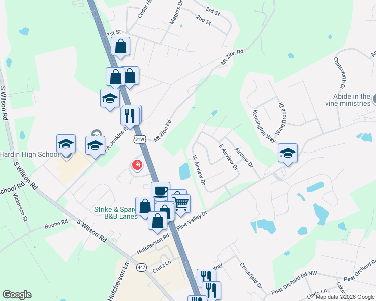 map of restaurants, bars, coffee shops, grocery stores, and more near 37 West Airview Drive in Elizabethtown
