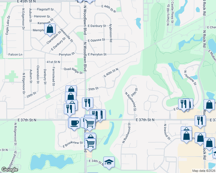 map of restaurants, bars, coffee shops, grocery stores, and more near 4011 N Cranberry St in Wichita