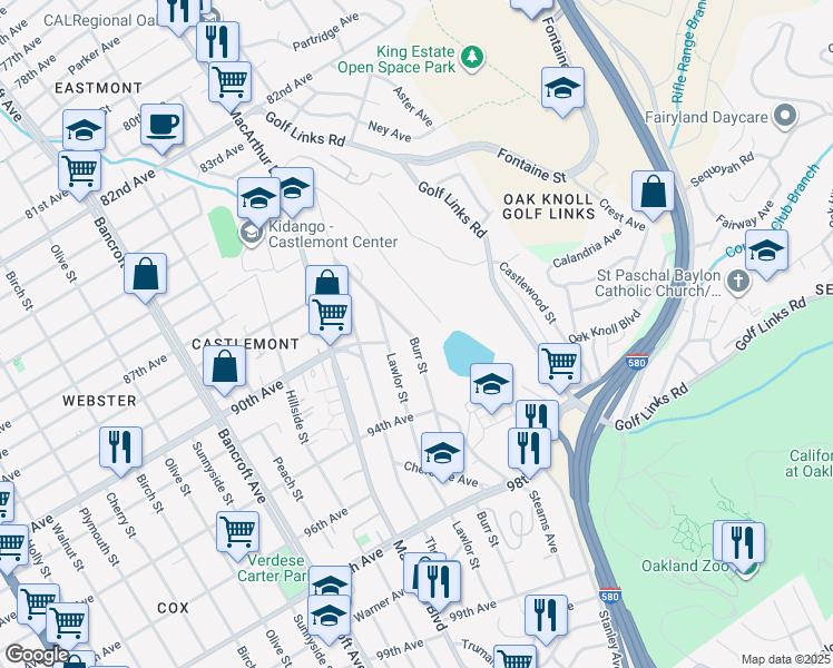 map of restaurants, bars, coffee shops, grocery stores, and more near 9000 Burr Street in Oakland