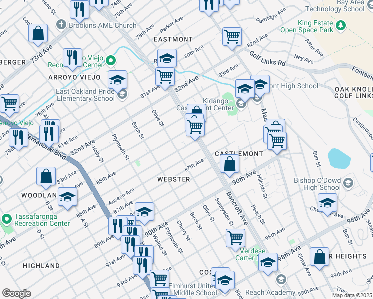 map of restaurants, bars, coffee shops, grocery stores, and more near 2026 86th Avenue in Oakland