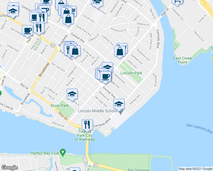 map of restaurants, bars, coffee shops, grocery stores, and more near 3215 Encinal Avenue in Alameda