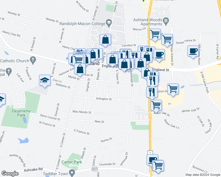 map of restaurants, bars, coffee shops, grocery stores, and more near 130 Arlington Square in Ashland