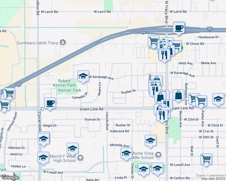 map of restaurants, bars, coffee shops, grocery stores, and more near 1475 Suellen Drive in Tracy