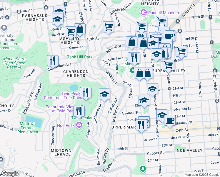 map of restaurants, bars, coffee shops, grocery stores, and more near Corbett Avenue in San Francisco