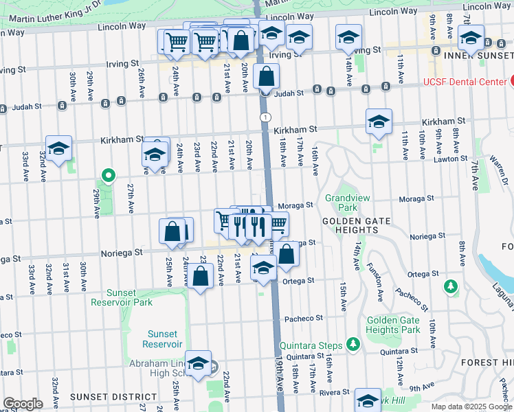 map of restaurants, bars, coffee shops, grocery stores, and more near 1675 20th Avenue in San Francisco