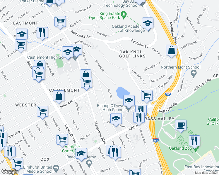 map of restaurants, bars, coffee shops, grocery stores, and more near 9028 Burr Street in Oakland