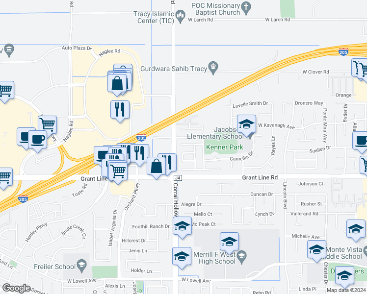 map of restaurants, bars, coffee shops, grocery stores, and more near 1966 Clearbrook Court in Tracy