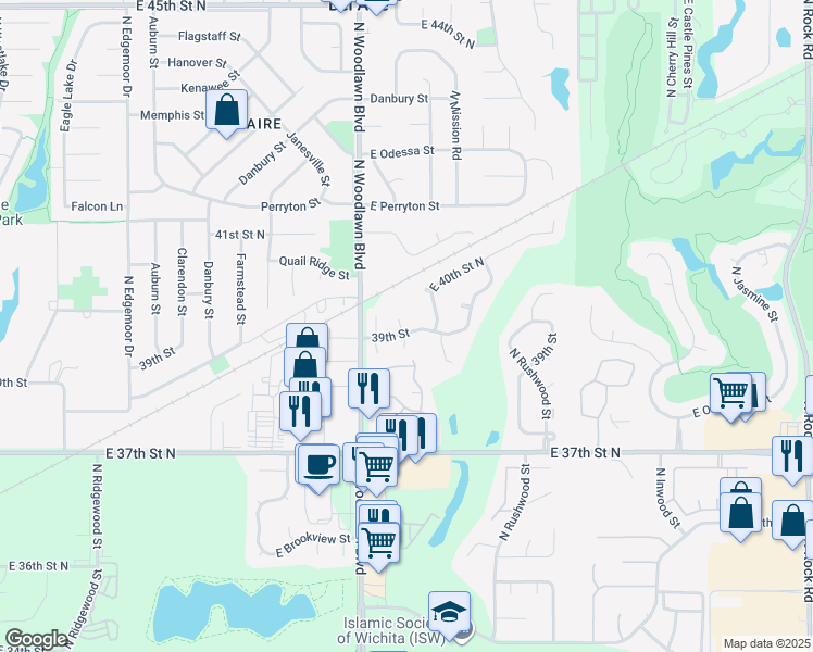 map of restaurants, bars, coffee shops, grocery stores, and more near 6534 East 39th Court North in Wichita