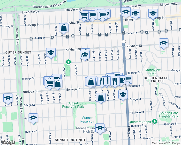 map of restaurants, bars, coffee shops, grocery stores, and more near 1682 25th Avenue in San Francisco