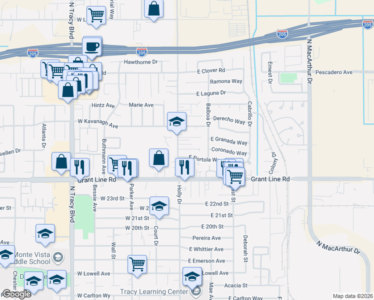 map of restaurants, bars, coffee shops, grocery stores, and more near 79 East Manzanita Lane in Tracy