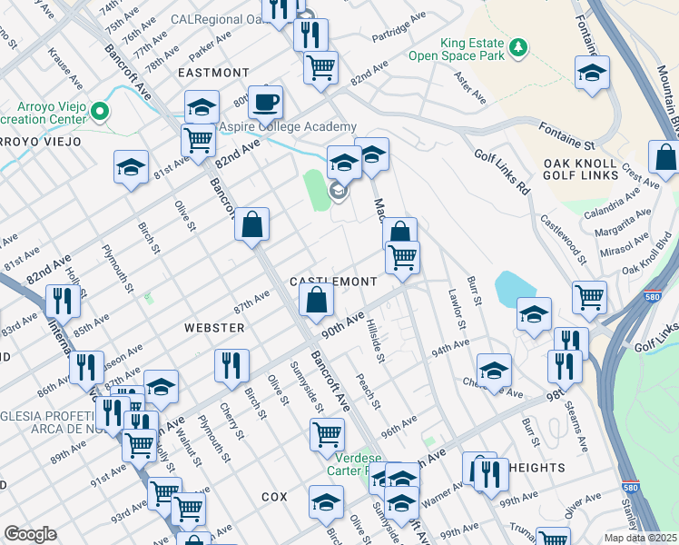 map of restaurants, bars, coffee shops, grocery stores, and more near 2355 88th Avenue in Oakland