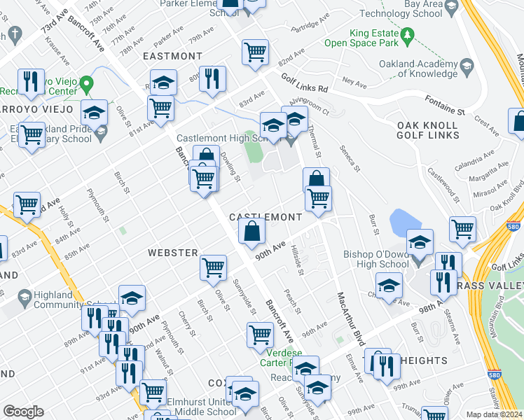 map of restaurants, bars, coffee shops, grocery stores, and more near 2355 88th Avenue in Oakland