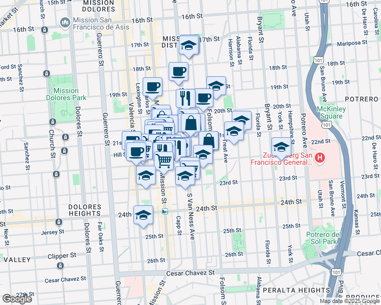 map of restaurants, bars, coffee shops, grocery stores, and more near in San Francisco