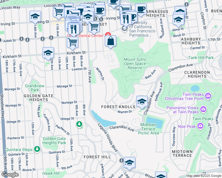 map of restaurants, bars, coffee shops, grocery stores, and more near 223 Crestmont Drive in San Francisco