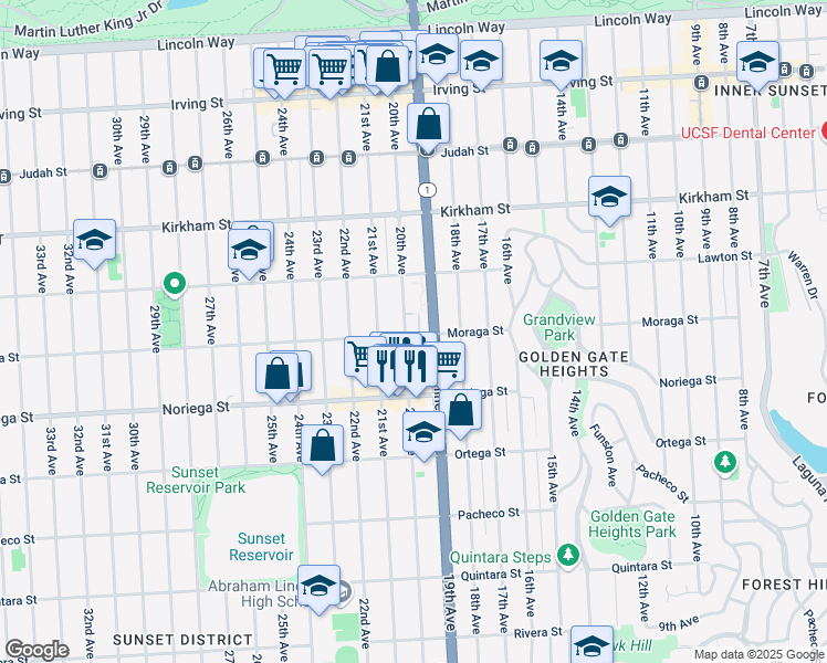 map of restaurants, bars, coffee shops, grocery stores, and more near 1675 20th Avenue in San Francisco
