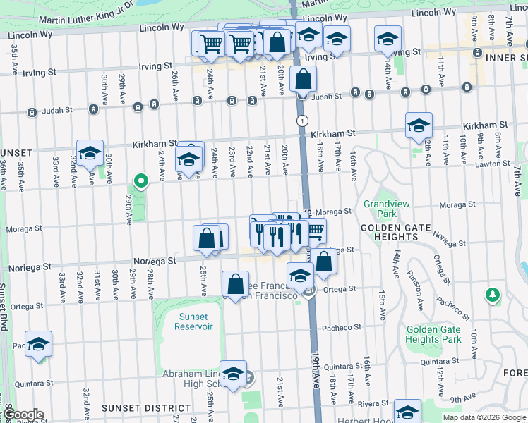 map of restaurants, bars, coffee shops, grocery stores, and more near 1674 22nd Avenue in San Francisco