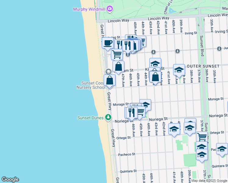 map of restaurants, bars, coffee shops, grocery stores, and more near 4201 Lawton Street in San Francisco