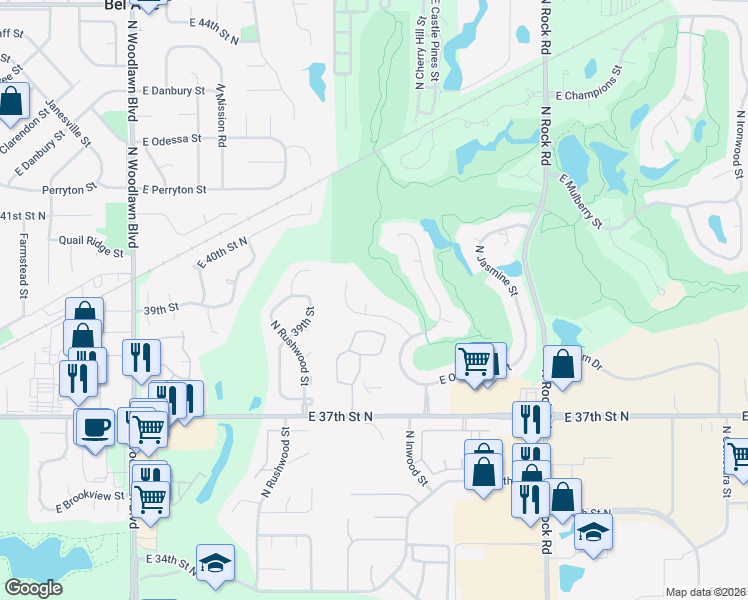 map of restaurants, bars, coffee shops, grocery stores, and more near 7310 East Cedaridge Court in Wichita